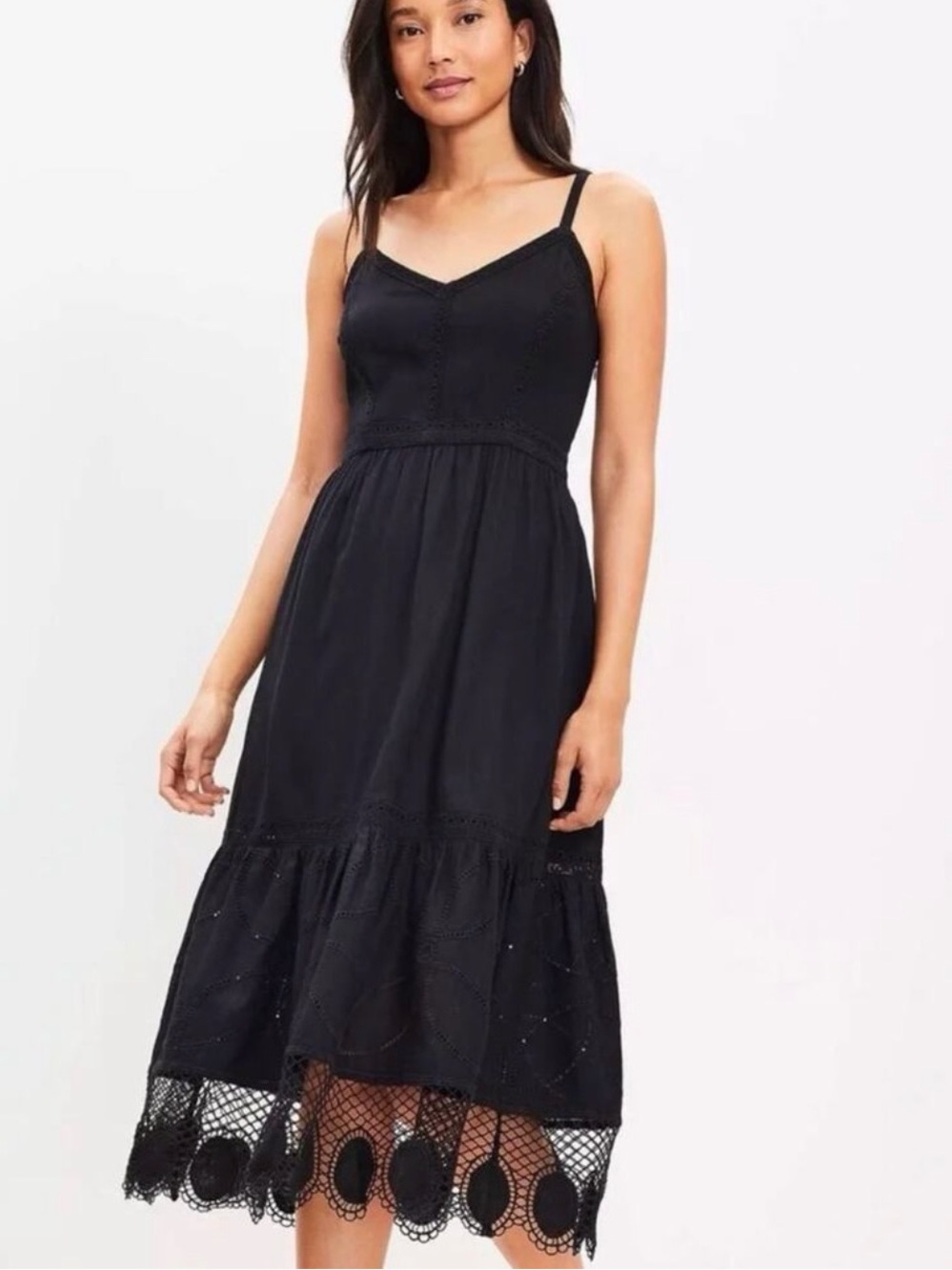 LOFT Black Lace-Trim Midi Dress with Spaghetti Straps